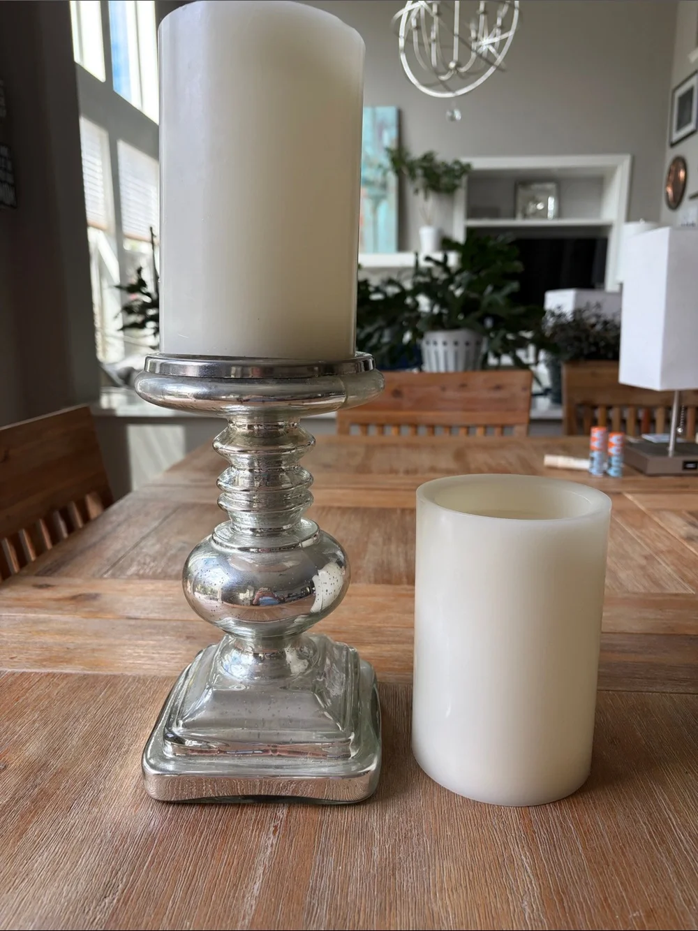 2 Crate and Barrel Flameless Pillar Candles with Mercury Glass Pillar Holder